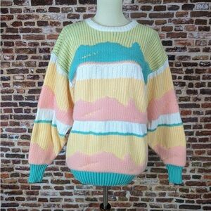 Pastel 80’s knit sweater-Peach and green chunky Bulky knit/ size Small/Medium